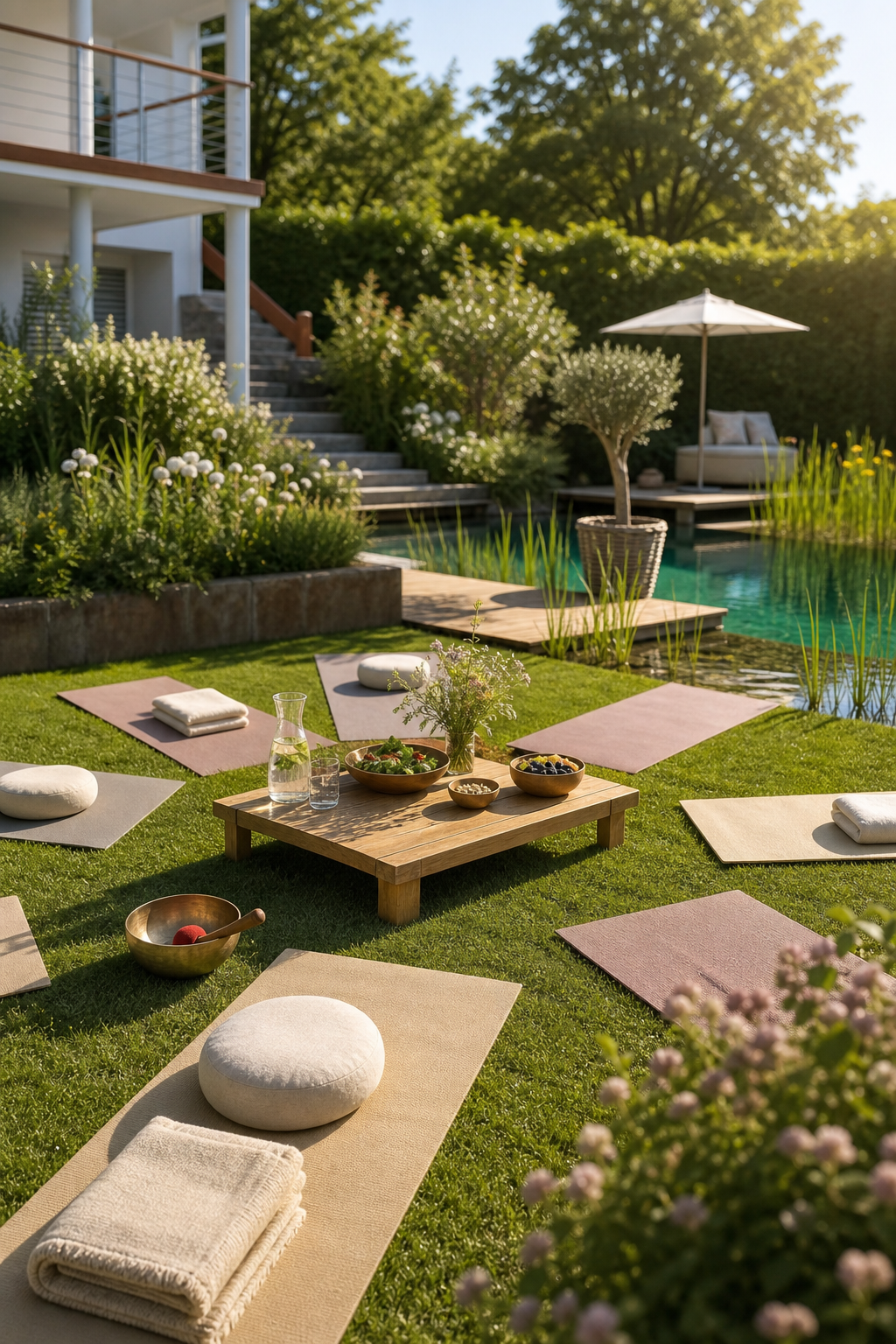 Yoga-Matten im Garten mit Blüten im Vordergrund